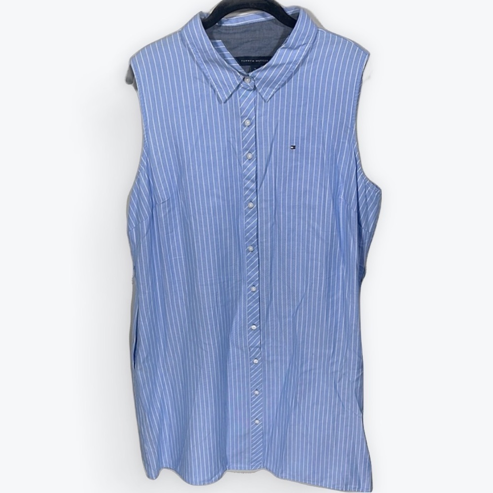 Tommy Hilfiger Light Blue and White Sleeveless Button Down Collared Shirt Dress